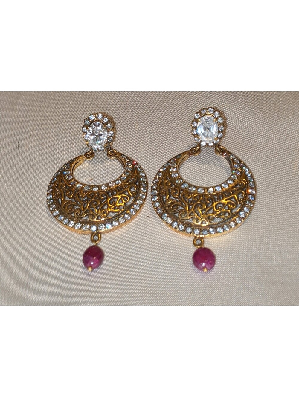 Ornate Chandbali Earrings Clear Rhinestones Bollywood Kundan Gold Tone 2 3/8"